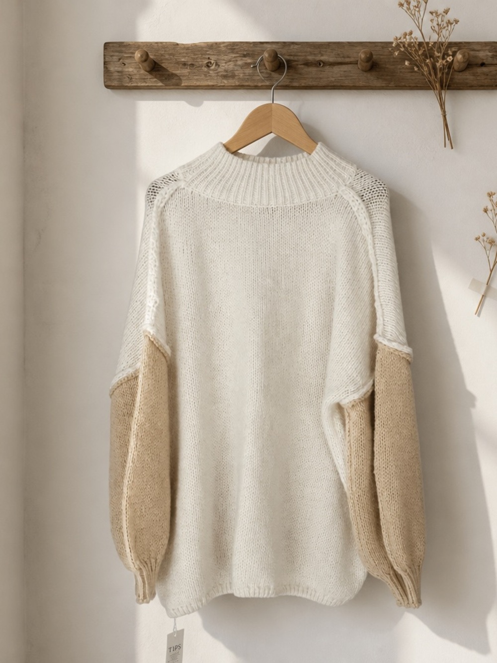 Saodimallsu Womens Medium White Beige Oversized Textured Knit Mock Neck Sweater - Picture 5 of 11